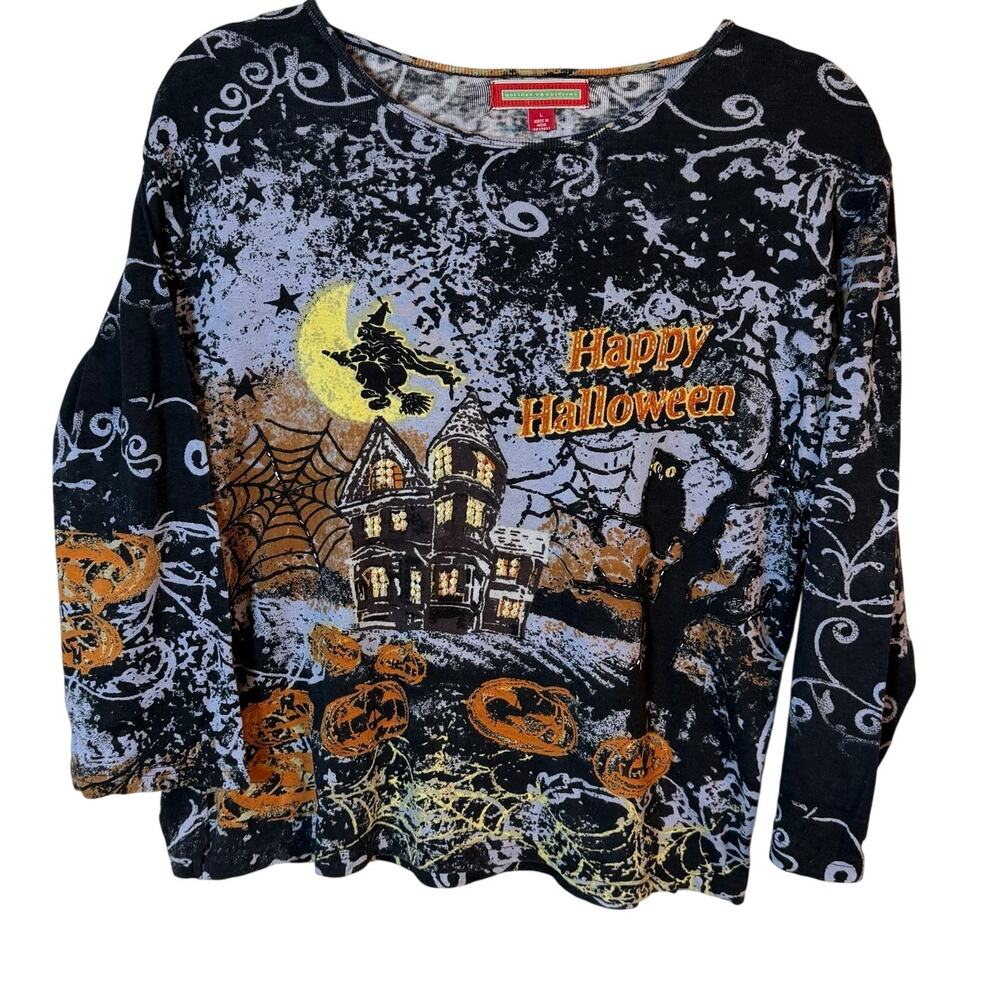 Holiday Traditions Women’s L Halloween Tee Witch Pumpkin Haunted House Black